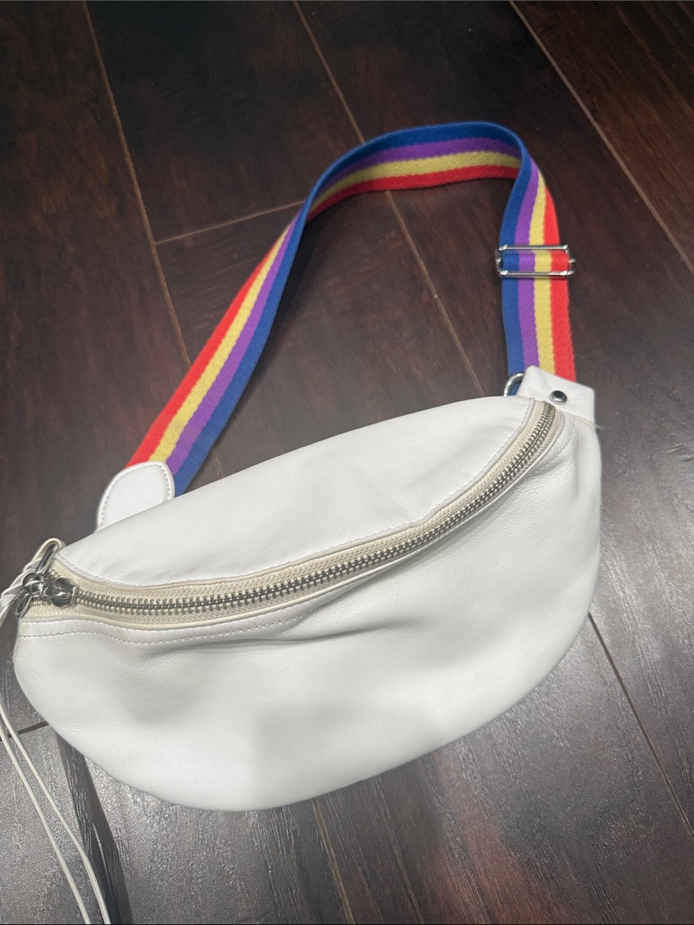 Rebecca minkoff White Leather Crossbody Fanny pack Belt Bag with Rainbow Strap